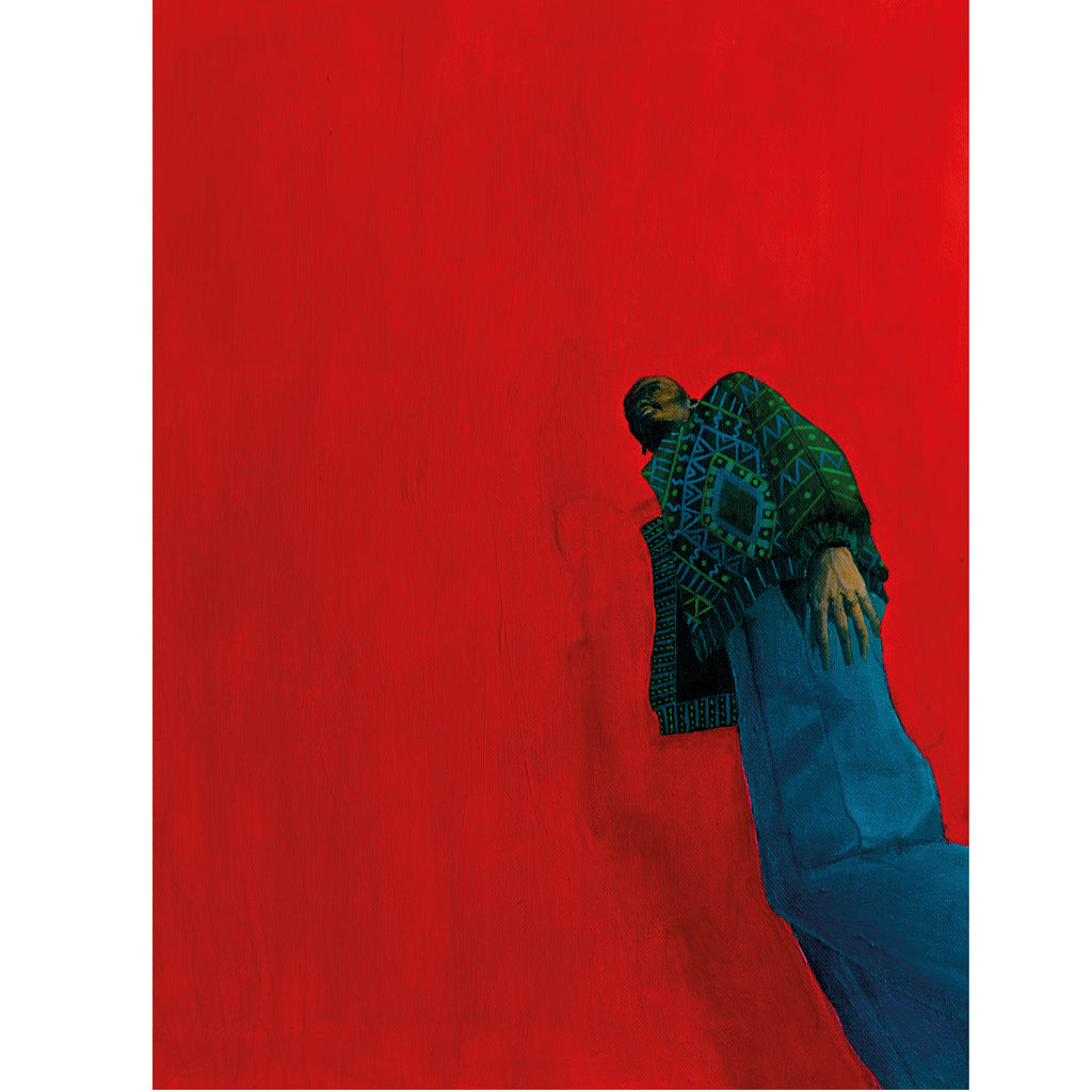 Der dunkelhäutige Mann trägt eine grün-blau gemusterte Jacke vor rotem Hintergrund. Er ist in Bewegung, als würde sich das Leben selbst bewegen, als würde die Zeit ticken und niemals aufhören. Mit der Bewegung möchte Klara Vitoria  zeigen, dass wir uns immer bewegen und weiter auf dem Weg des Lebens gehen müssen, egal wo wir uns im Leben befinden.  Größe: 30 x 40 cm. Gedruckt in Deutschland auf 308 g Hahnemühle Photo Rag Papier. Ohne Rahmen. Das ursprüngliche Kunstwerk ist Acryl auf Leinwand.
