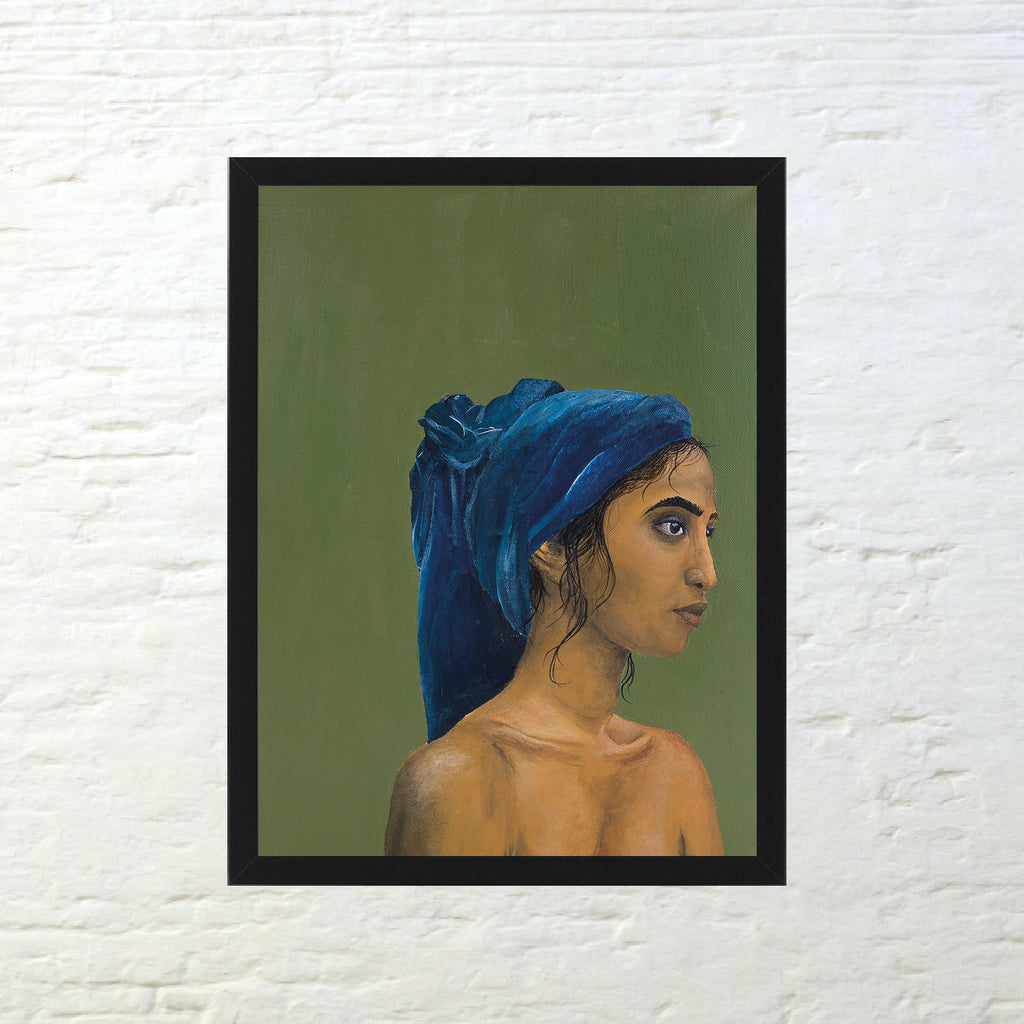 Woman with headscarf. Fine, soft lines in earthy colours picture a brown skinned woman wearing a night blue headscarf. The painting is composed of the colours green, blue and brown which are the main colours of our earth. Size: 30 x 40 cm. Printed in Germany on 308 g Hahnemühle Photo Rag paper. Without frame. The original art work is acrylic on canvas.