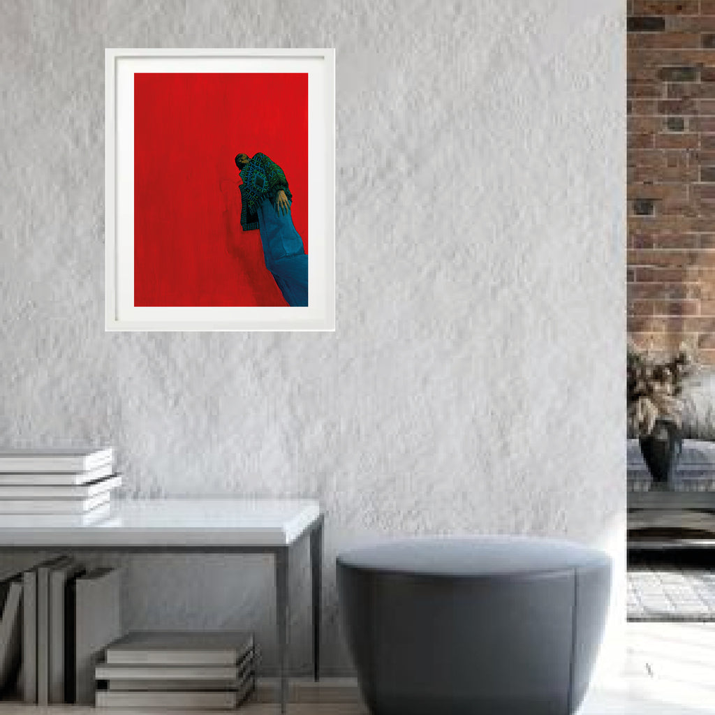 Der dunkelhäutige Mann trägt eine grün-blau gemusterte Jacke vor rotem Hintergrund. Er ist in Bewegung, als würde sich das Leben selbst bewegen, als würde die Zeit ticken und niemals aufhören. Mit der Bewegung möchte Klara Vitoria  zeigen, dass wir uns immer bewegen und weiter auf dem Weg des Lebens gehen müssen, egal wo wir uns im Leben befinden.  Größe: 30 x 40 cm. Gedruckt in Deutschland auf 308 g Hahnemühle Photo Rag Papier. Ohne Rahmen. Das ursprüngliche Kunstwerk ist Acryl auf Leinwand.