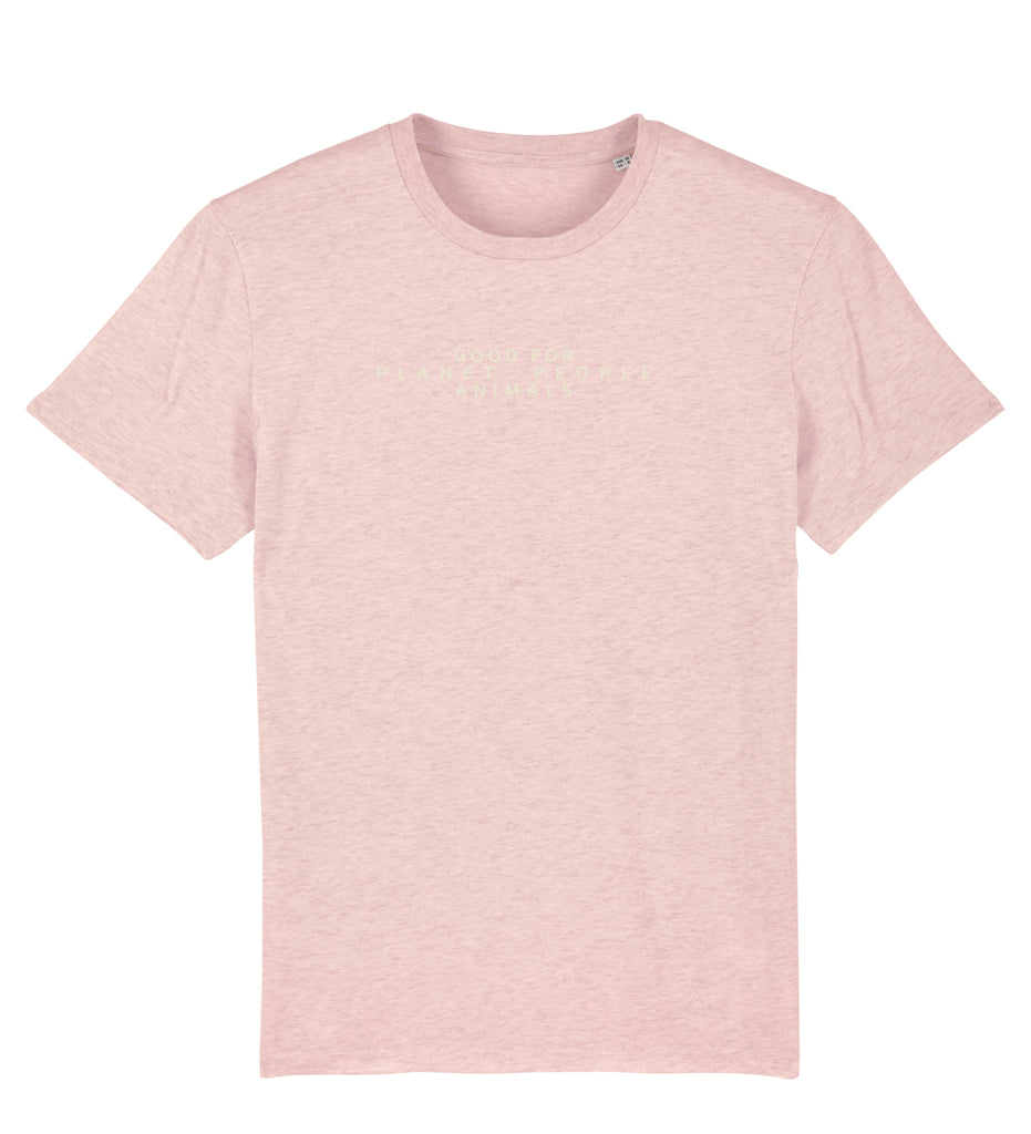 Designer T-Shirt in meliertem Dusty Pink aus GOTS zertifizierter Biobaumwolle und fair hergestellt. Sehr angenehmes Tragegefühl. Behält die Passform. Verzieht sich nicht. Mit dezentem Motiv-Print auf der Vorderseite. Ein Basic Teil für jeden Tag. Passend zu allem. REER3 - Good for Planet, People, Animal