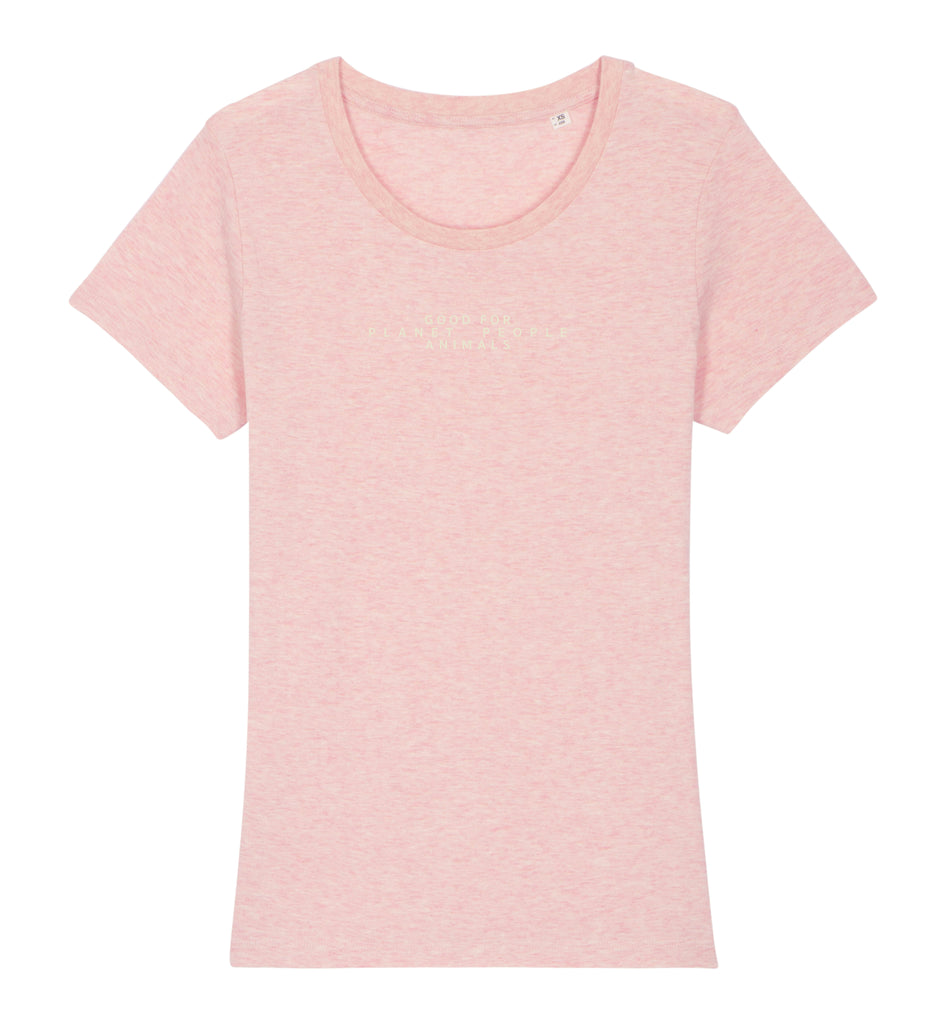 Frauen T-Shirt in meliertem, hellerem Pink aus GOTS zertifizierter Biobaumwolle. Schmal geschnitten mit leicht halsfernem Ausschnitt. Sehr angenehmes Tragegefühl, perfekte Passform. Verzieht sich nicht nach der Wäsche. Mit dezentem Motiv-Print auf der Vorderseite. Ein Basic Teil für jeden Tag. Passend zu allem. REER3 - Good for Planet, People, Animals