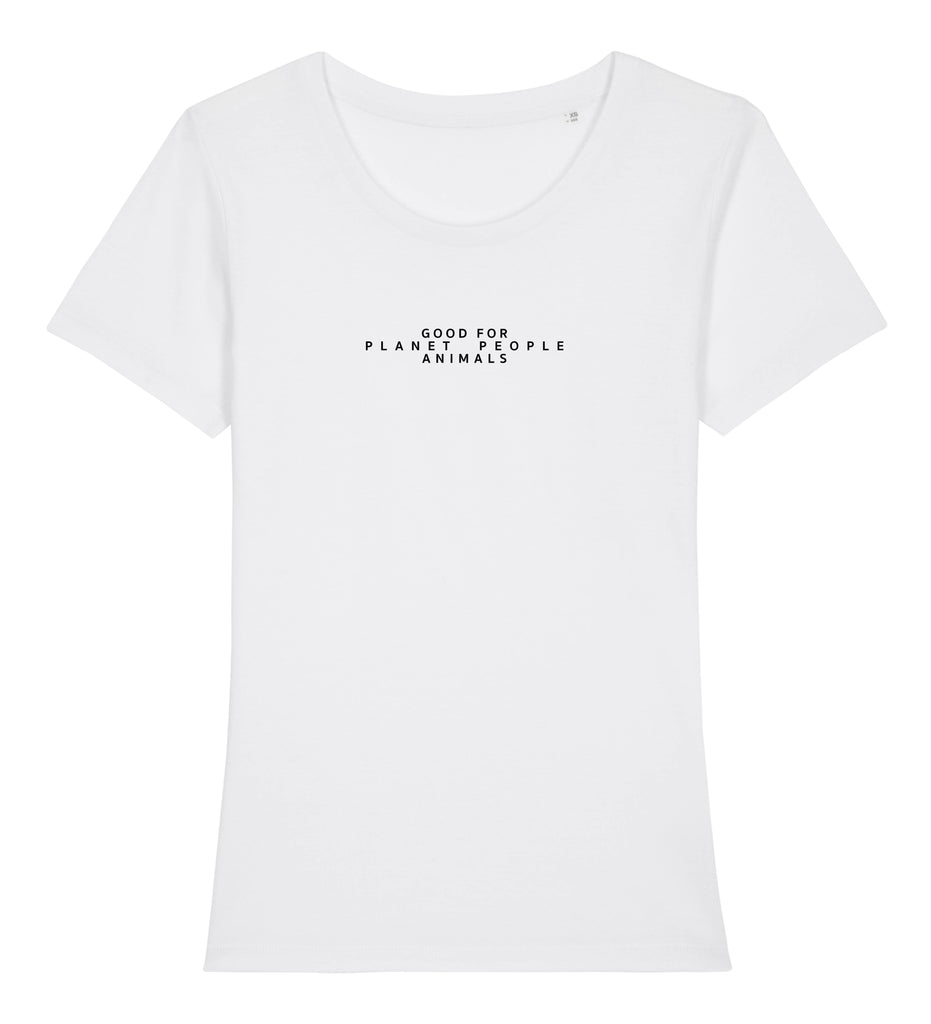 Frauen T-Shirt in Weiß aus GOTS zertifizierter Biobaumwolle. Schmal geschnitten mit leicht halsfernem Ausschnitt. Sehr angenehmes Tragegefühl, perfekte Passform. Verzieht sich nicht nach der Wäsche. Mit dezentem Motiv-Print auf der Vorderseite. Ein Basic Teil für jeden Tag. Passend zu allem. REER3 - Good for Planet, People, Animals