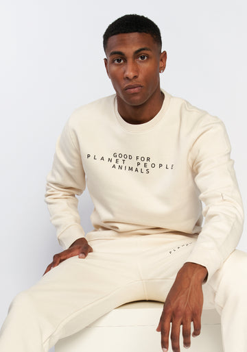 Designer Unisex-Sweatshirt, aus GOTS zertifizierter Bio Baumwolle und fair hergestellt, in Natur mit Motiv-Druck in Schwarz. Ein echtes Wohlfühl-Piece in schmalerer Passform, Rundhalsausschnitt sowie elastischen Bündchen.  REER3 - Good for Planet, People, Animals