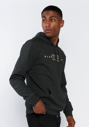 Designer-Hoodie aus GOTS zertifizierter Bio-Baumwolle in Grau mit beigen Motiv-Druck. Wunderbar leichte und weiche Qualität. Auch nach vielen Wäschen bleibt die Weichheit erhalten. Fair hergestellt für ein gutes Gewissen. Ein echtes Signature-Piece, das mit einer sportiven Kapuze, Känguru-Taschen sowie elastischen Bündchen begeistert. Sommerlicher Hoodie, der bei Frauen auch zum Rock oder Kleid obercool rüberkommt. REER3 - Good for Planet, People, 