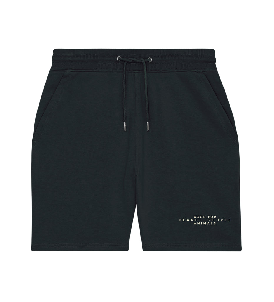 Lässig geschnittene Unisex Jogg Shorts in Schwarz aus GOTS zertifizierter Bio Baumwolle. Mit seitlichen Eingriff-Taschen, bequemen elastischen Bund inklusive Tunnelzug. Kordel mit Metallenden. Mit Motiv-Druck „GOOD FOR“ in natur. Ein Klassiker, nachhaltig produziert. REER3 - Good for Planet, People, Animals
