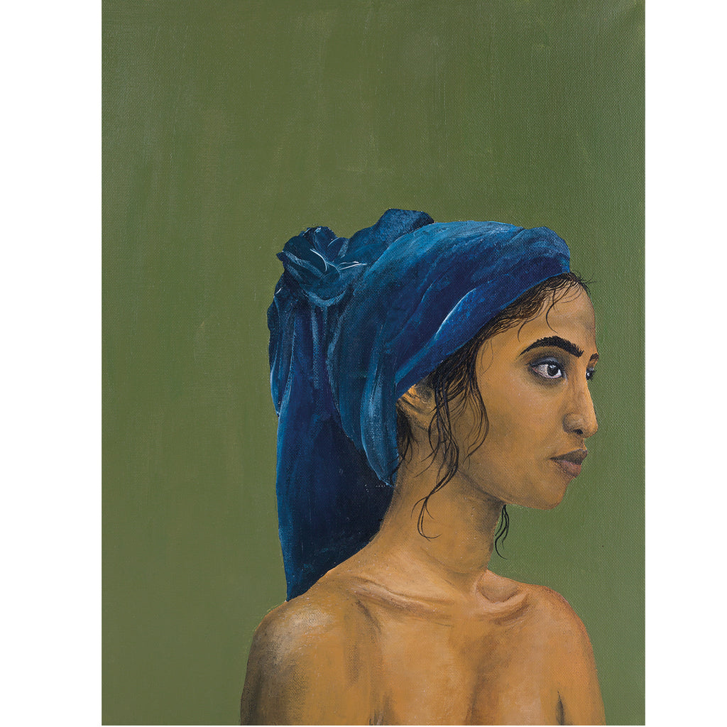 Woman with headscarf. Fine, soft lines in earthy colours picture a brown skinned woman wearing a night blue headscarf. The painting is composed of the colours green, blue and brown which are the main colours of our earth.  Size: 30 x 40 cm. Printed in Germany on 308 g Hahnemühle Photo Rag paper. Without frame. The original art work is acrylic on canvas.