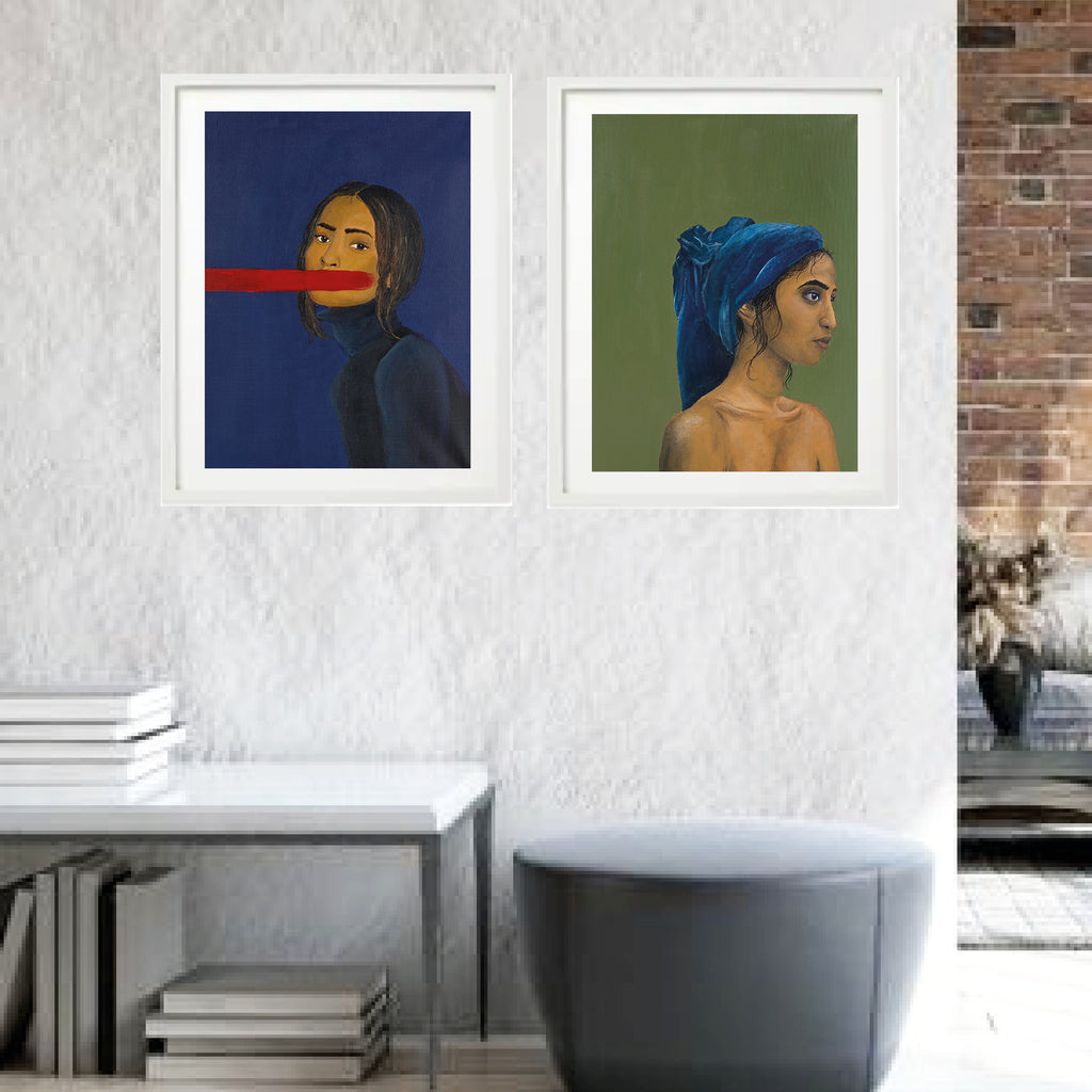 Woman with headscarf. Fine, soft lines in earthy colours picture a brown skinned woman wearing a night blue headscarf. The painting is composed of the colours green, blue and brown which are the main colours of our earth. Size: 30 x 40 cm. Printed in Germany on 308 g Hahnemühle Photo Rag paper. Without frame. The original art work is acrylic on canvas.