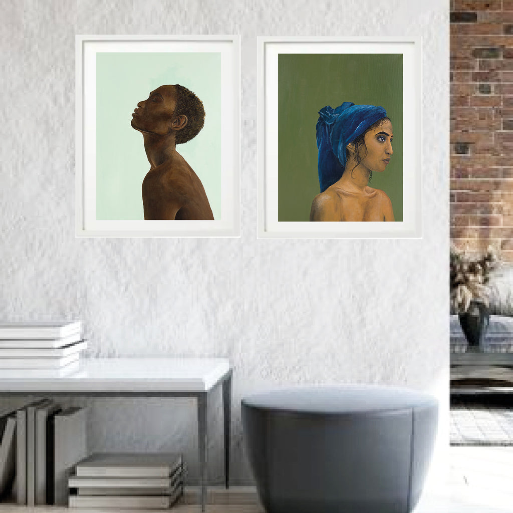 Woman with headscarf. Fine, soft lines in earthy colours picture a brown skinned woman wearing a night blue headscarf. The painting is composed of the colours green, blue and brown which are the main colours of our earth. Size: 30 x 40 cm. Printed in Germany on 308 g Hahnemühle Photo Rag paper. Without frame. The original art work is acrylic on canvas.
